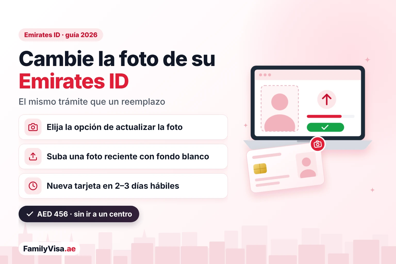 Cambie la foto de su Emirates ID Ilustración de un portátil subiendo una nueva foto junto a una tarjeta de identidad: cambiar la foto del Emirates ID con la solicitud de reemplazo — AED 456, nueva tarjeta en 2–3 días hábiles