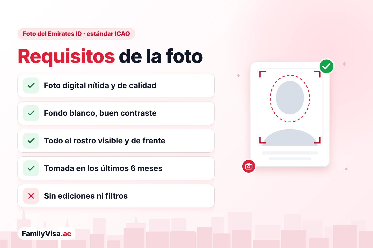 Requisitos de la foto Lista de requisitos de la foto del Emirates ID (estándar ICAO): foto digital nítida y de buena calidad, fondo blanco con buen contraste, todo el rostro visible con la cabeza recta y de frente, tomada en los últimos 6 meses y sin ediciones ni filtros
