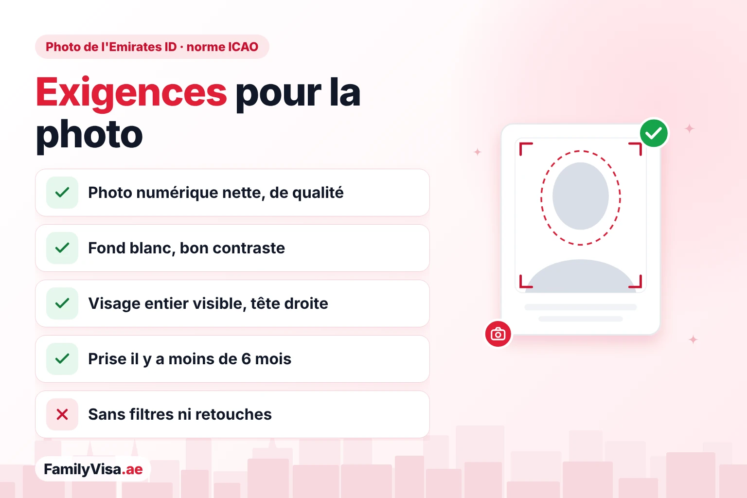 Exigences pour la photo Liste des exigences pour la photo de l'Emirates ID (norme ICAO) : photo numérique nette et de bonne qualité, fond blanc avec un bon contraste, visage entièrement visible et tête droite, prise il y a moins de 6 mois, sans filtres ni retouches
