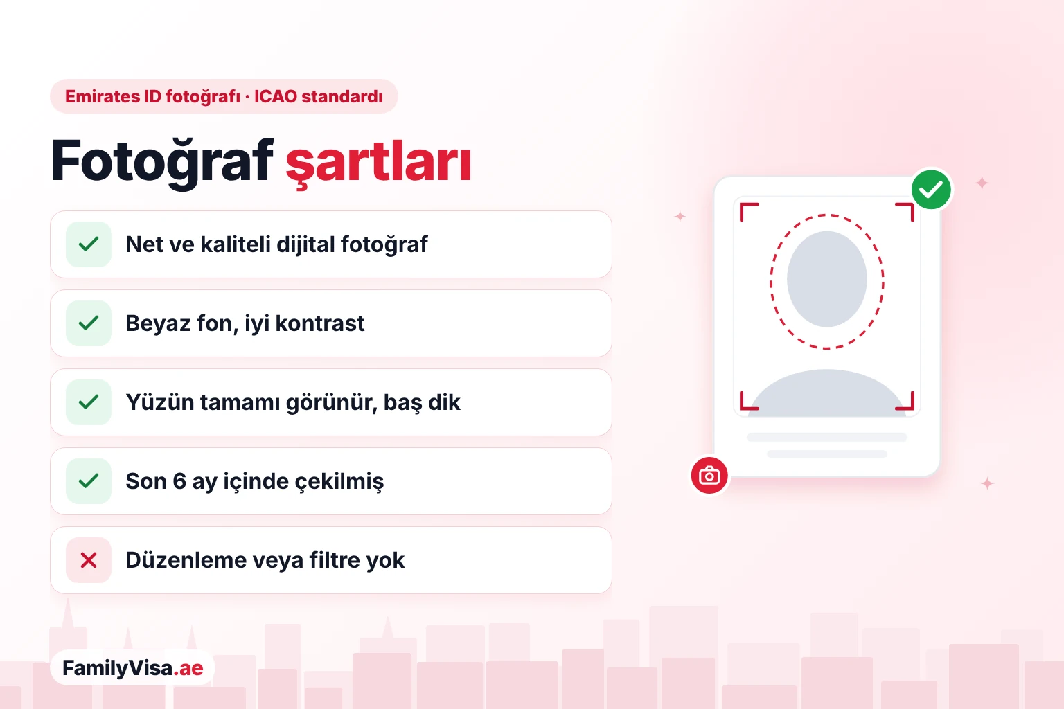 Fotoğraf şartları Emirates ID fotoğraf şartları kontrol listesi (ICAO standardı): net ve kaliteli dijital fotoğraf, iyi kontrastlı beyaz fon, baş dik ve yüzün tamamı görünür, son 6 ay içinde çekilmiş, düzenleme veya filtre yok