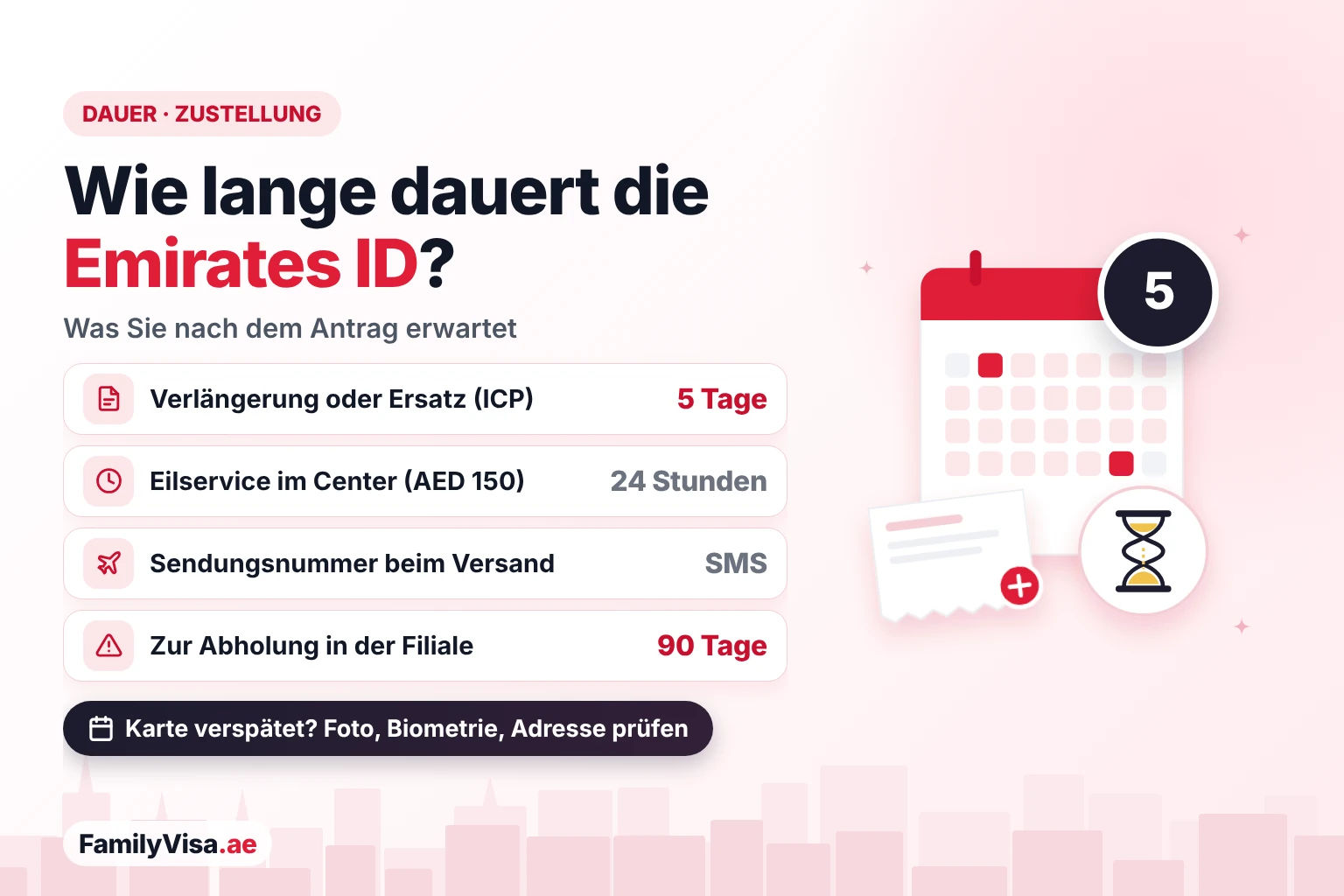 Emirates ID Bearbeitungszeit und Zustellung Wie lange die Emirates ID dauert: laut ICP ca. 5 Tage für eine Verlängerung oder einen Ersatz, ein 24-Stunden-Eilservice für AED 150 (für Expats nur beim Ersatz), eine Sendungsnummer per SMS beim Versand und ca. 90 Tage zur Abholung in der Filiale