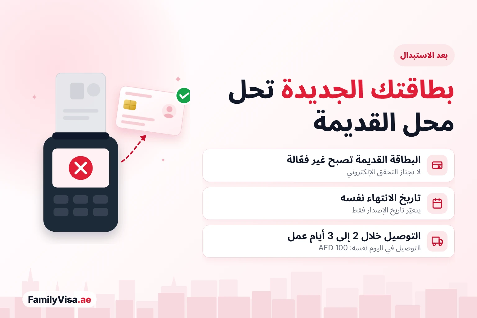 رسم توضيحي لبطاقة قديمة تفشل في فحص قارئ البطاقات بجانب بطاقة جديدة بعلامة صح خضراء: بعد الاستبدال تصبح الهوية الإماراتية القديمة غير فعّالة، ويبقى تاريخ الانتهاء نفسه، وتصل البطاقة الجديدة خلال 2 إلى 3 أيام عمل