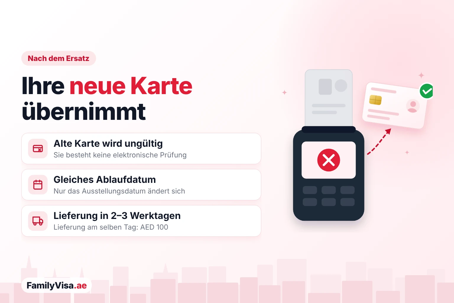 Ihre neue Karte übernimmt Illustration einer alten Ausweiskarte, die die Prüfung im Kartenleser nicht besteht, neben einer neuen Karte mit grünem Haken: Nach dem Ersatz wird die alte Emirates ID ungültig, das Ablaufdatum bleibt gleich und die neue Karte kommt in 2–3 Werktagen