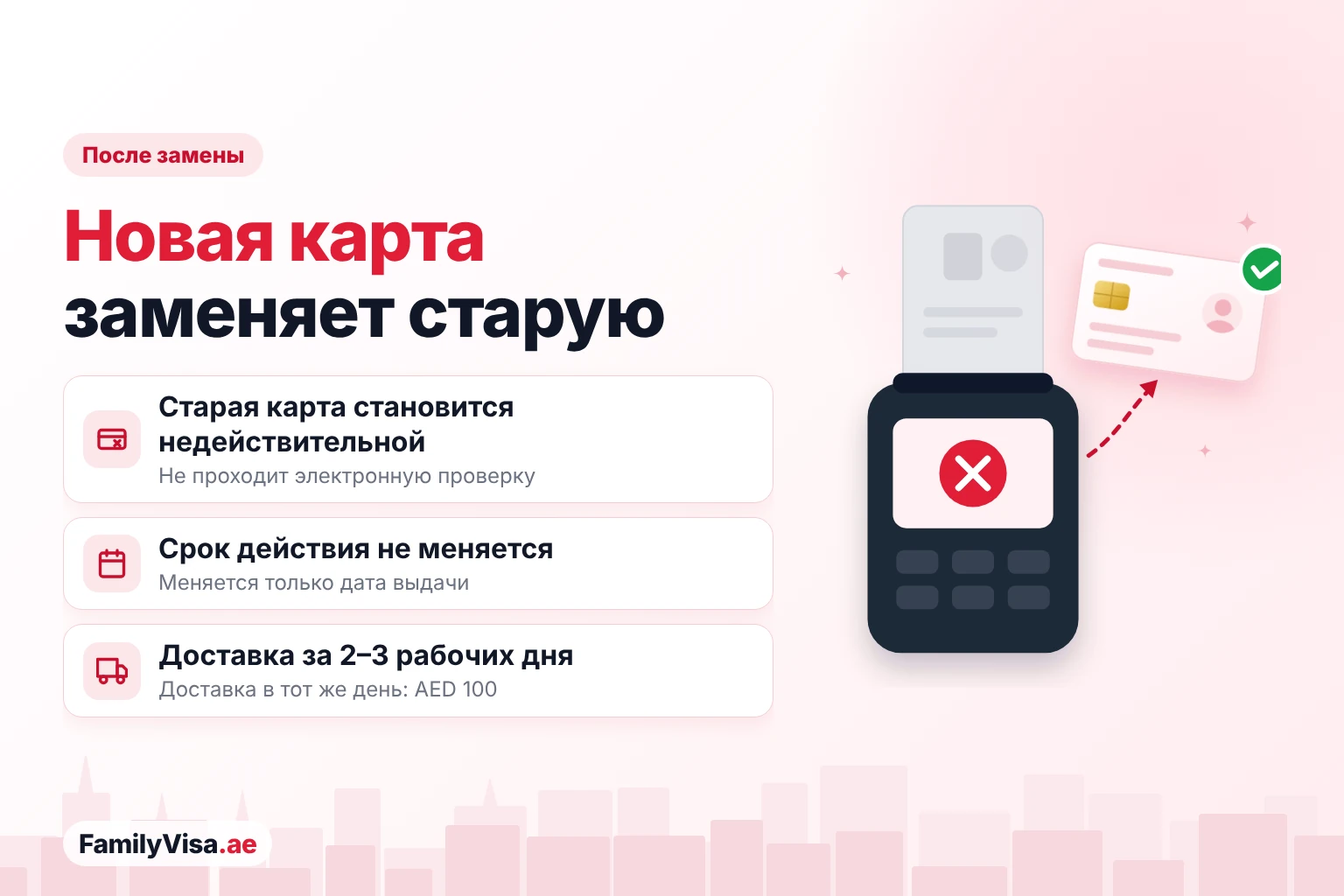 Иллюстрация: старая карта не проходит проверку в считывателе, рядом новая карта с зелёной галочкой — после замены старый Emirates ID становится недействительным, срок действия не меняется, новая карта приходит за 2–3 рабочих дня