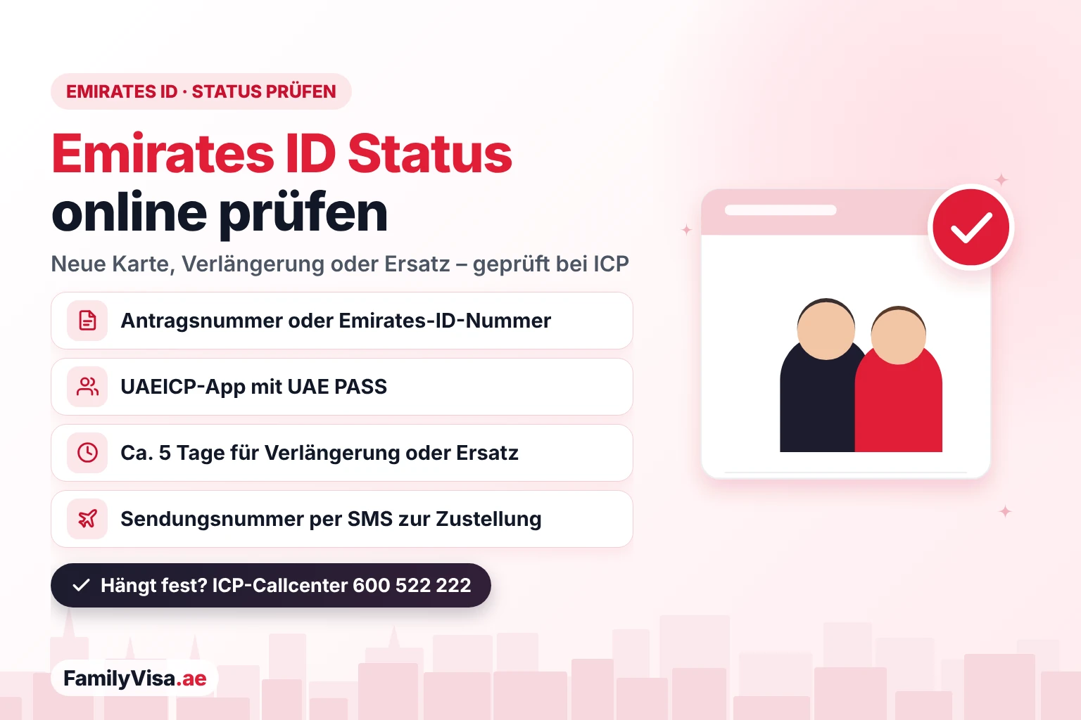 Emirates ID Status online prüfen: neue Karte, Verlängerung oder Ersatz bei ICP mit der Antragsnummer oder Emirates-ID-Nummer verfolgen oder in der UAEICP-App mit UAE PASS, mit Sendungsnummer per SMS für die Zustellung