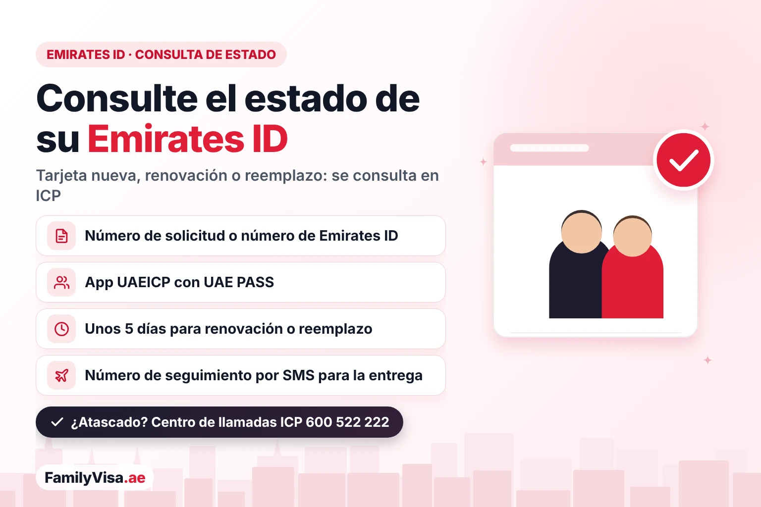 Consultar el estado del Emirates ID online: seguimiento de una tarjeta nueva, una renovación o un reemplazo en ICP con el número de solicitud o el número de Emirates ID, o en la app UAEICP con UAE PASS, con un número de seguimiento por SMS para la entrega