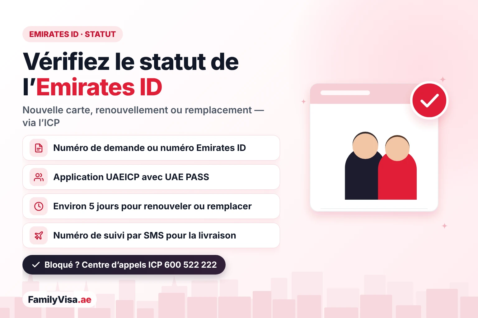 Vérifier le statut de l’Emirates ID en ligne : suivre une nouvelle carte, un renouvellement ou un remplacement sur le site de l’ICP avec le numéro de demande ou le numéro Emirates ID, ou dans l’application UAEICP avec UAE PASS, avec un numéro de suivi par SMS pour la livraison