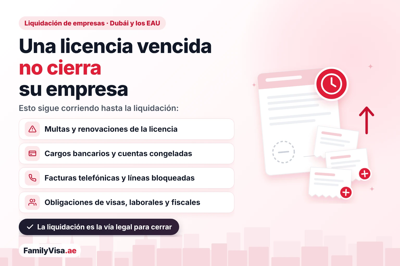 Liquidación de empresas en Dubái: una licencia comercial vencida no cierra la empresa, y las multas de la licencia, los cargos bancarios, las facturas telefónicas y las obligaciones de visas, laborales y fiscales siguen corriendo hasta que se liquida