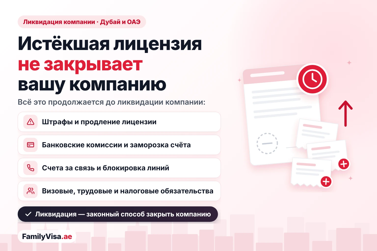 Ликвидация компании в Дубае: просроченная торговая лицензия не закрывает компанию — штрафы по лицензии, банковские комиссии, счета за связь, визовые, трудовые и налоговые обязательства сохраняются, пока компания не ликвидирована