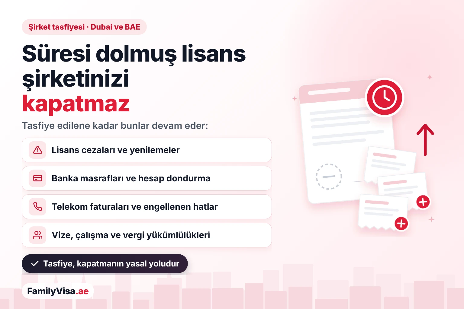Süresi dolmuş ticari lisans Dubai'de şirketi kapatmaz: şirket tasfiyesi tamamlanana kadar lisans cezaları, banka masrafları, telekom faturaları ile vize, çalışma ve vergi yükümlülükleri işlemeye devam eder