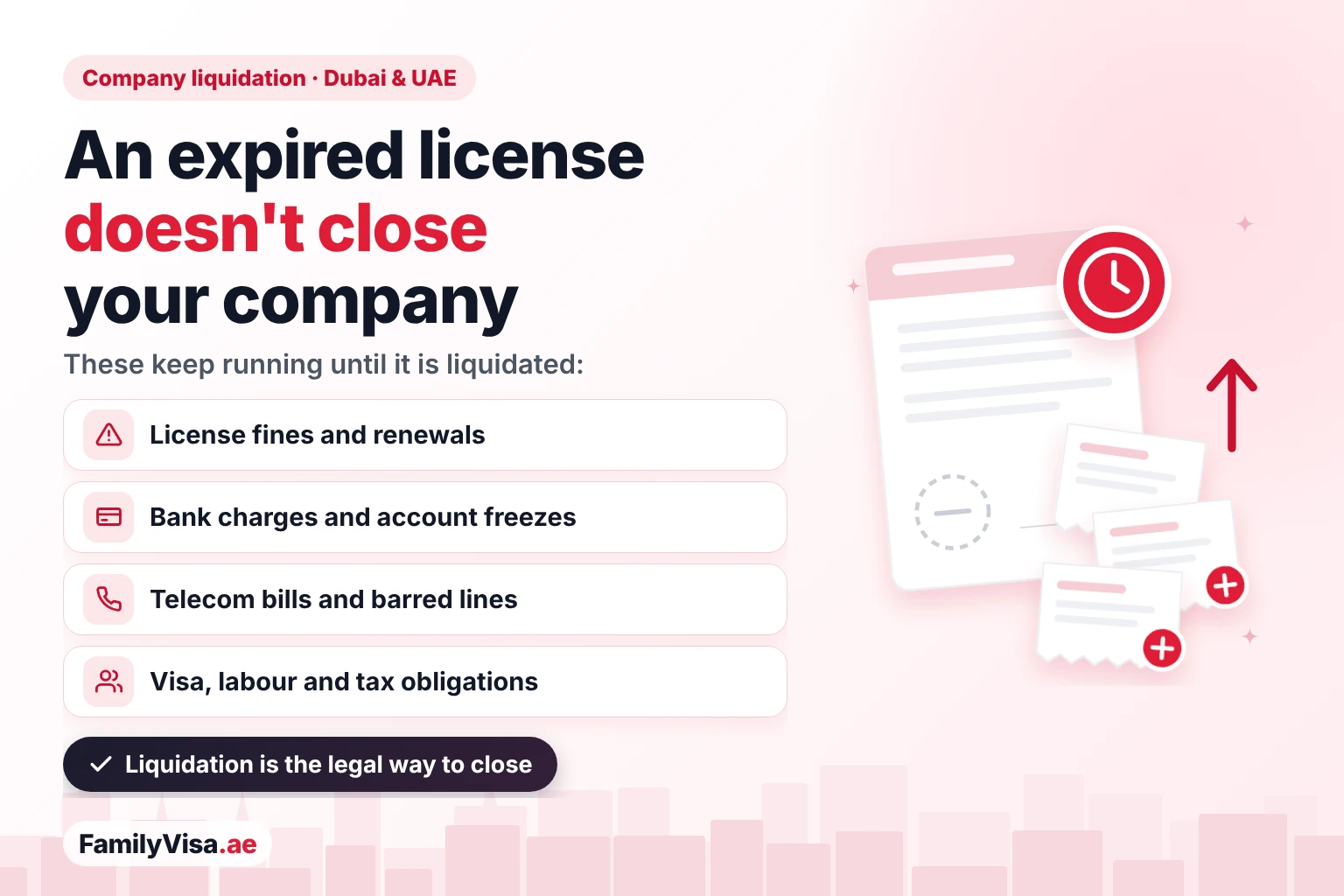 An expired trade license doesn't close a company in Dubai: license fines, bank charges, telecom bills and visa, labour and tax obligations keep running until the company is liquidated