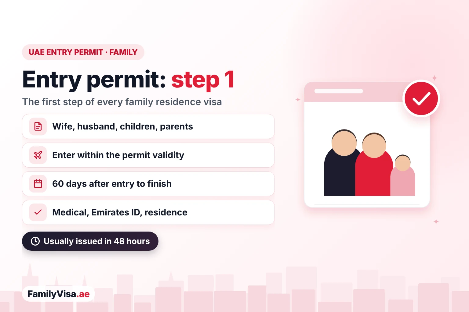 UAE entry permit for family members 2026: the first step of the family residence visa for a wife, husband, children or parents, with 60 days after entry to finish the medical test, Emirates ID and residence
