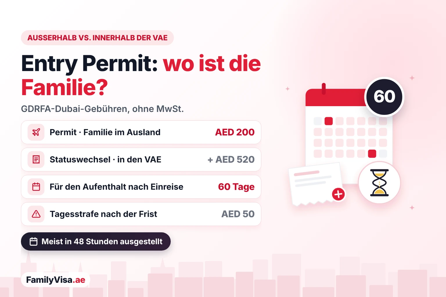 Einreisegenehmigung für die Familie innerhalb vs. außerhalb der VAE Kosten der Einreisegenehmigung für die Familie in Dubai: AED 200, wenn die Familie im Ausland ist, plus AED 520 für einen Statuswechsel innerhalb der VAE, 60 Tage nach der Einreise, um den Aufenthalt abzuschließen, und danach eine Strafe von AED 50 pro Tag