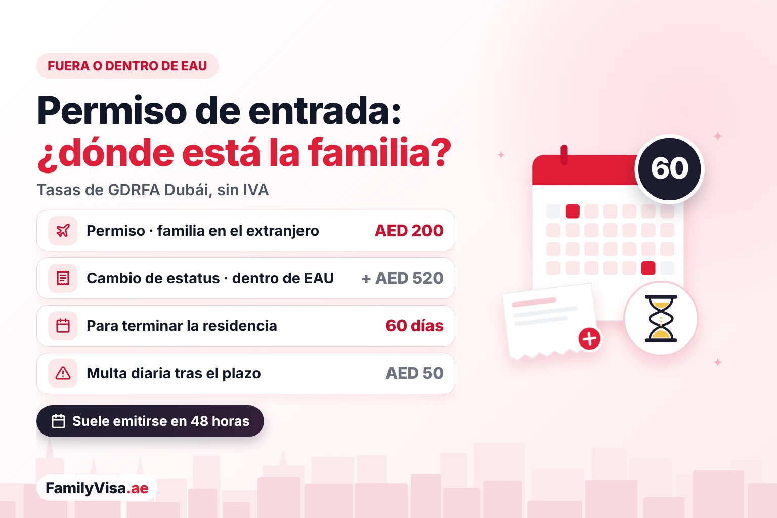 Permiso de entrada familiar dentro o fuera de EAU Costo del permiso de entrada familiar en Dubái: AED 200 cuando la familia está en el extranjero, más AED 520 por un cambio de estatus dentro de EAU, 60 días tras la entrada para completar la residencia y una multa diaria de AED 50 después