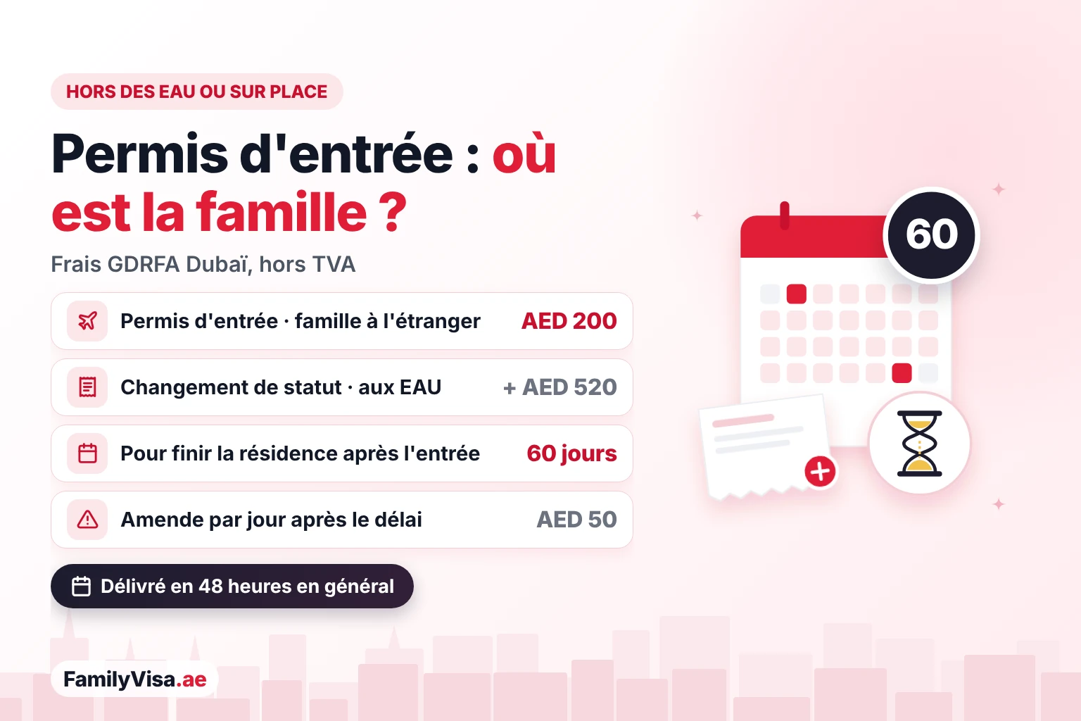 Permis d'entrée famille aux EAU ou depuis l'étranger Coût du permis d'entrée famille à Dubaï : AED 200 lorsque la famille est à l'étranger, plus AED 520 pour un changement de statut aux EAU, 60 jours après l'entrée pour finaliser la résidence et une amende de AED 50 par jour ensuite