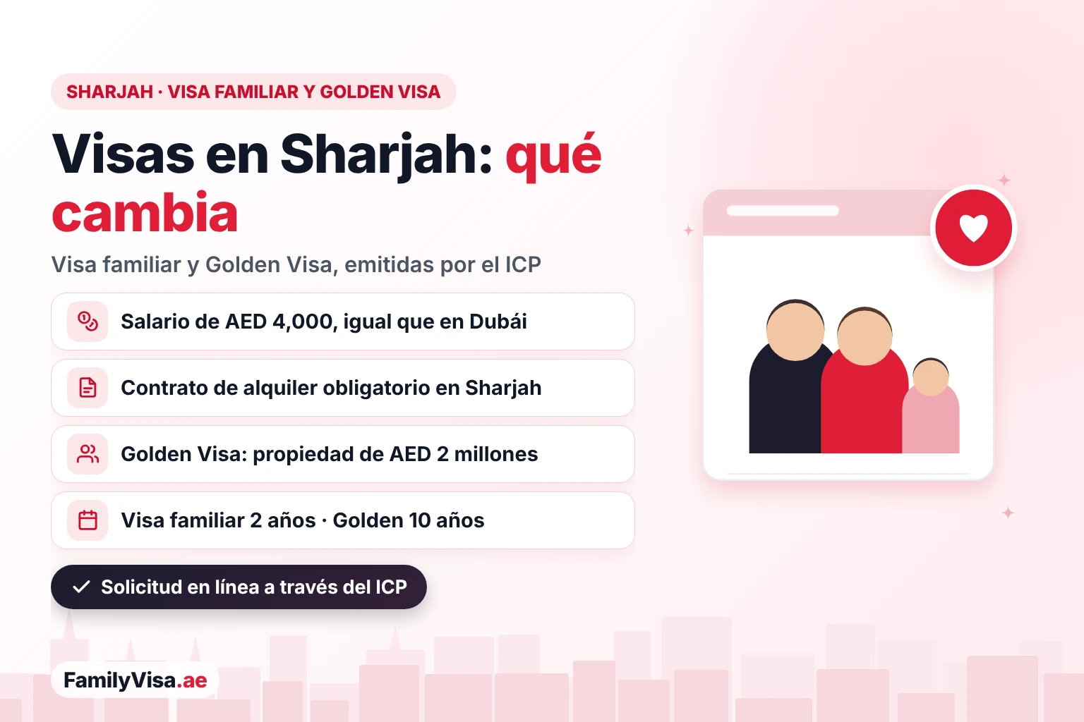 Visa familiar y Golden Visa en Sharjah: la misma regla de salario de AED 4,000 que en Dubái, contrato de alquiler obligatorio en Sharjah, propiedad de AED 2 millones para la Golden Visa, visa familiar de 2 años y Golden Visa de 10 años emitidas por el ICP