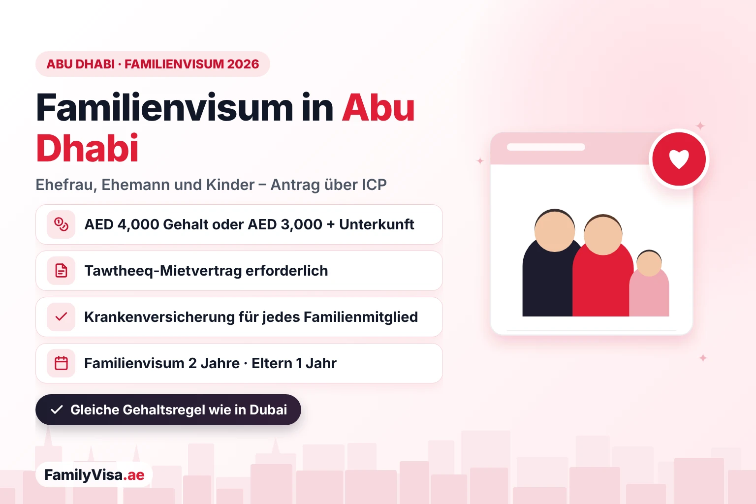 Familienvisum Abu Dhabi 2026: Voraussetzungen Familienvisum in Abu Dhabi 2026: Ein Sponsor mit AED 4,000 Gehalt oder AED 3,000 plus Unterkunft beantragt bei ICP mit Tawtheeq-Mietvertrag und Krankenversicherung für jedes Familienmitglied ein Familienvisum für 2 Jahre