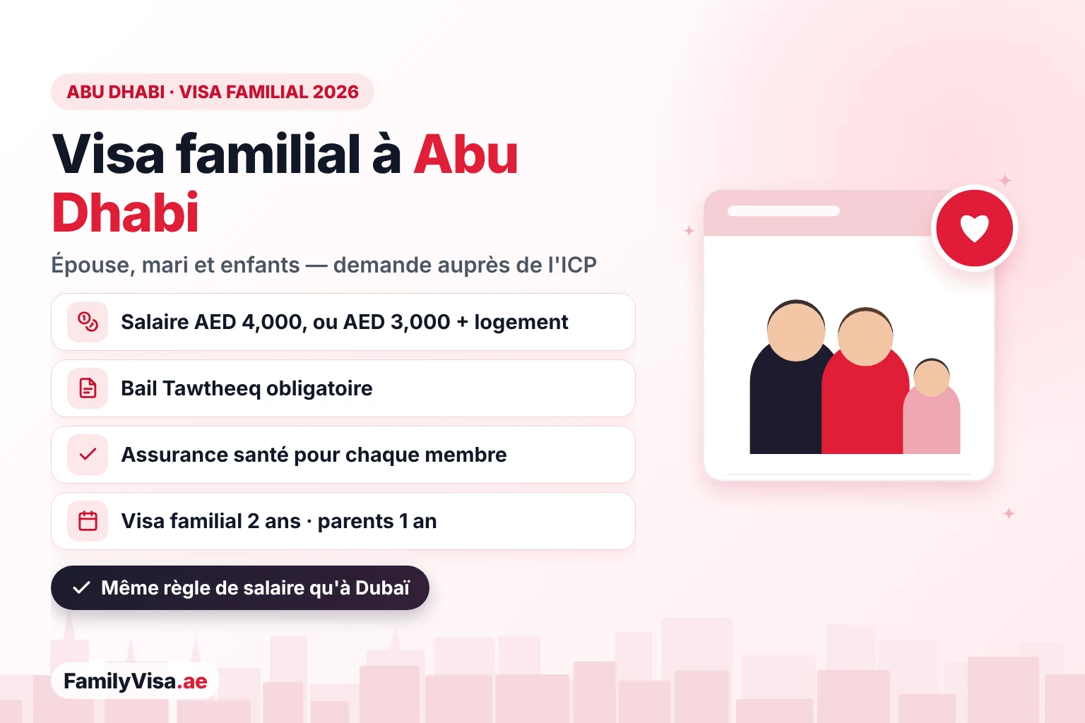 Visa familial à Abu Dhabi en 2026 : un garant qui gagne AED&nbsp;4,000, ou AED&nbsp;3,000 avec logement, dépose sa demande auprès de l'ICP avec un contrat de location Tawtheeq et une assurance santé pour chaque membre de la famille, pour un visa familial de 2 ans
