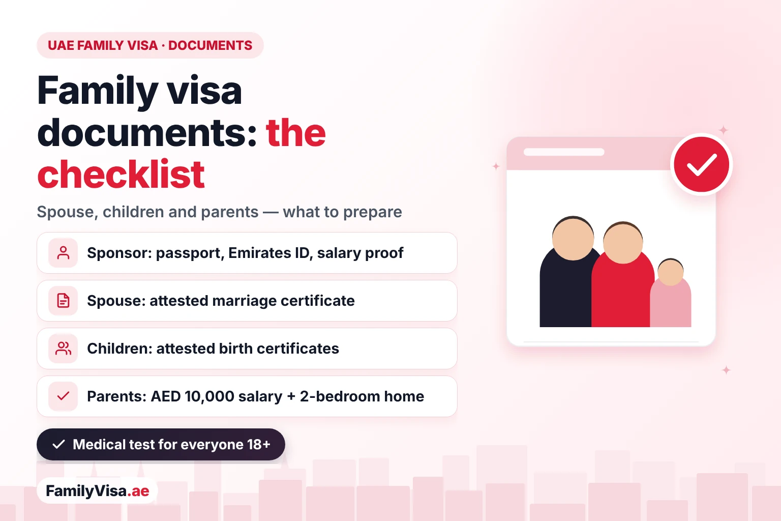 UAE family visa documents checklist 2026: the sponsor's passport, Emirates ID and salary proof, an attested marriage certificate for a spouse, attested birth certificates for children and a medical test for everyone 18 and over