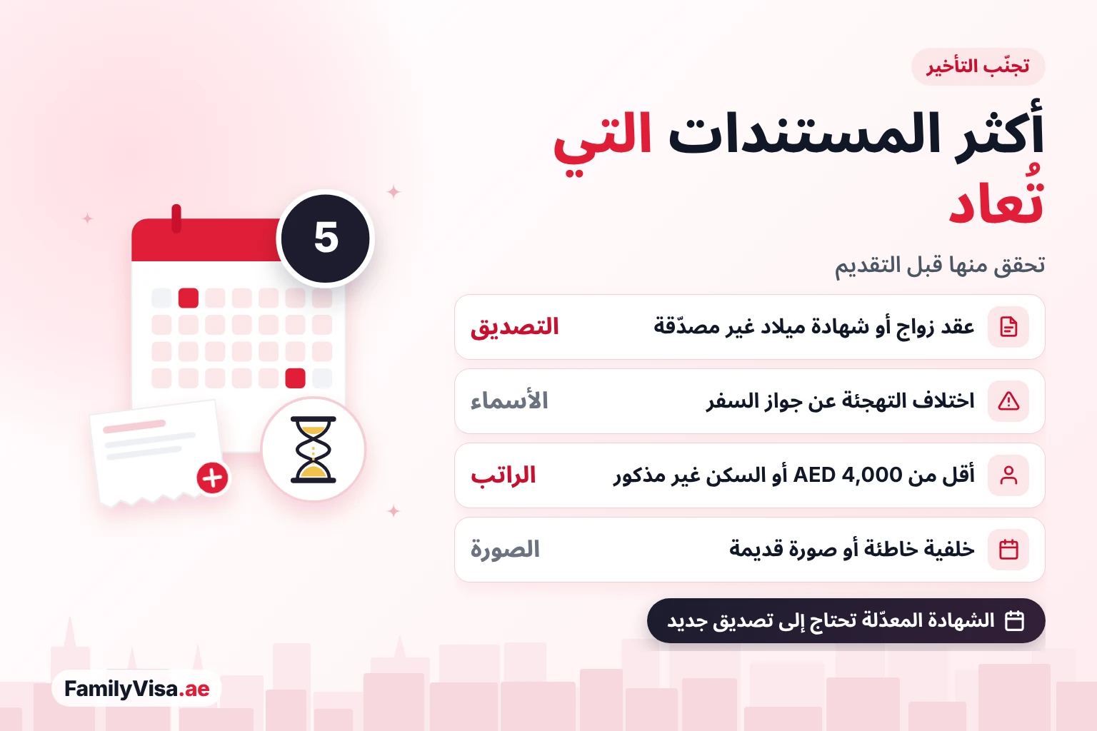أكثر أوراق إقامة العائلة التي تُعاد: شهادات غير مصدّقة، وأسماء تختلف عن جواز السفر، وراتب أقل من AED&nbsp;4,000 أو سكن غير مذكور، وصور بخلفية غير صحيحة