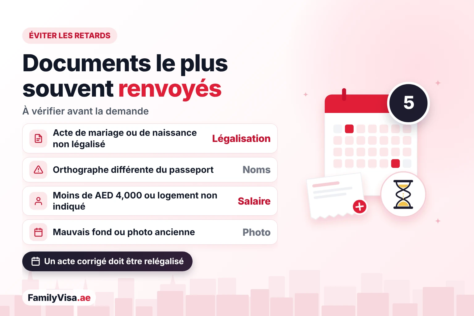 Documents du visa familial le plus souvent refusés Les documents du visa familial le plus souvent renvoyés : actes non légalisés, noms différents du passeport, salaire inférieur à AED 4,000 ou logement non indiqué, et photos avec un mauvais fond