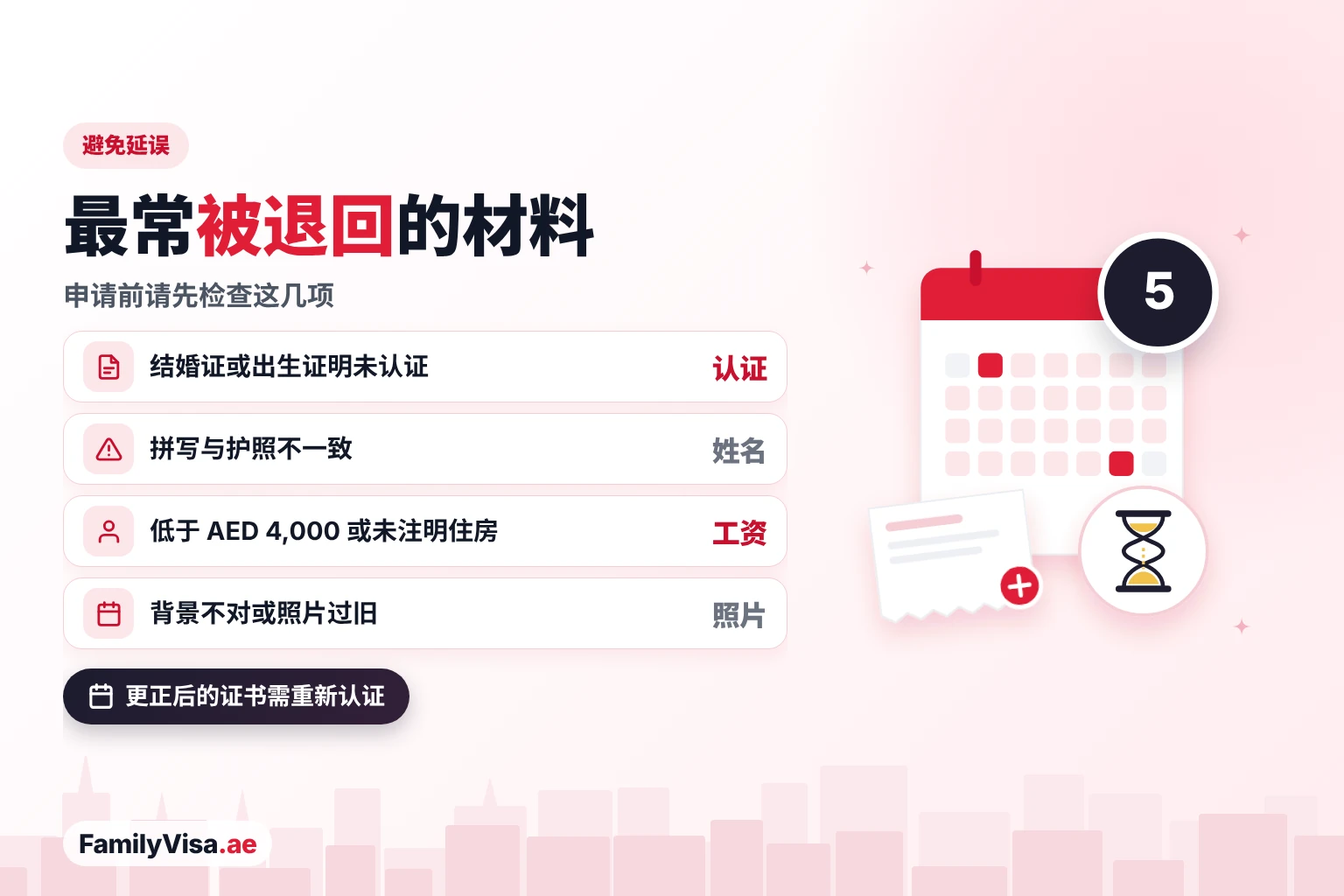 最常被退回的家庭签证材料 最常被退回的家庭签证材料:未认证的证书、与护照不一致的姓名、月薪低于 AED 4,000 或未注明住房,以及背景颜色不对的照片