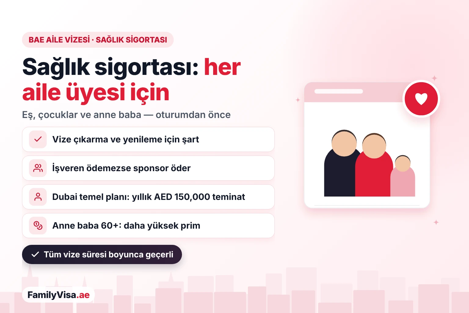 BAE aile vizesi için sağlık sigortası BAE aile vizesi için sağlık sigortası: sponsorluğu üstlenilen her eşin, çocuğun ve anne babanın oturma vizesi çıkarılmadan veya yenilenmeden önce geçerli bir poliçesi olmalı; işveren aileyi kapsamıyorsa poliçeyi sponsor öder