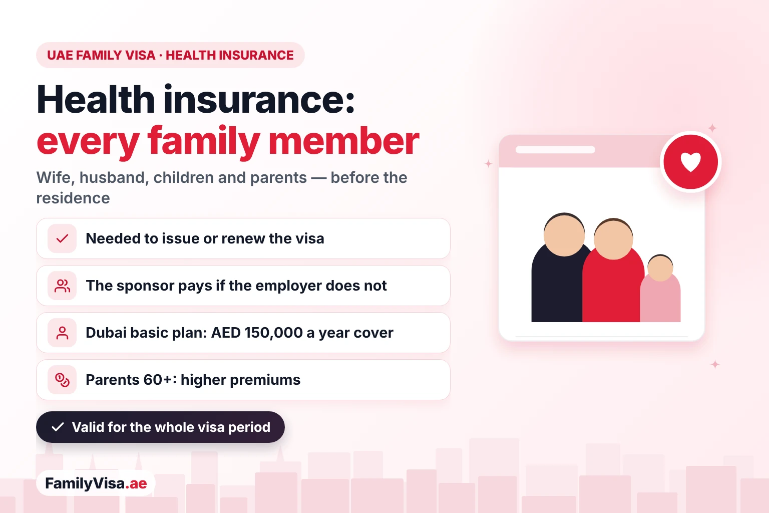 Family visa health insurance in the UAE: every sponsored wife, husband, child and parent needs a valid policy before the residence visa is issued or renewed, paid by the sponsor when the employer does not cover the family