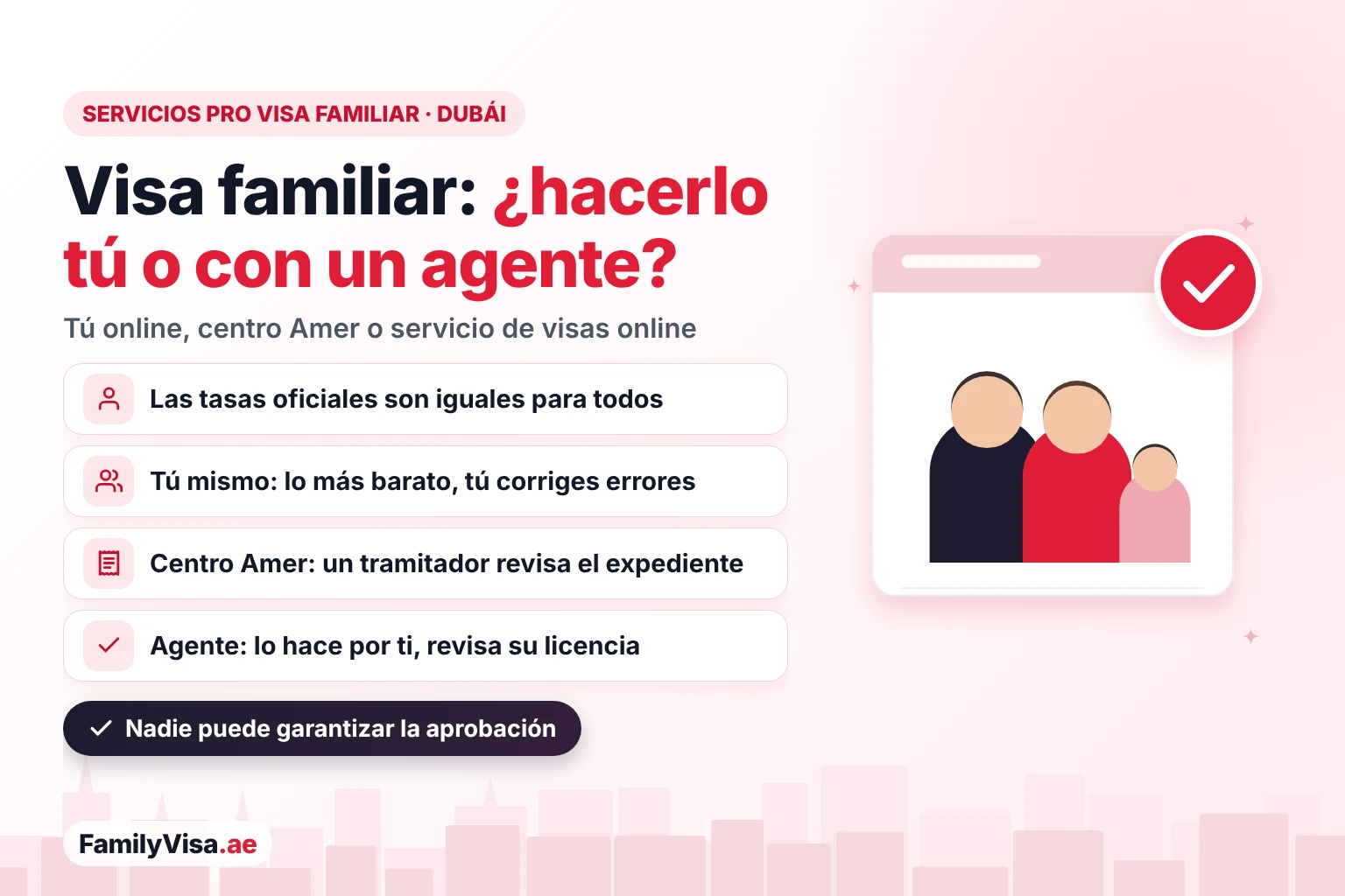 Servicios PRO para la visa familiar en Dubái comparados: solicitarla tú mismo online, en un centro Amer o con un servicio de visas online; las tasas oficiales no cambian y nadie puede garantizar la aprobación