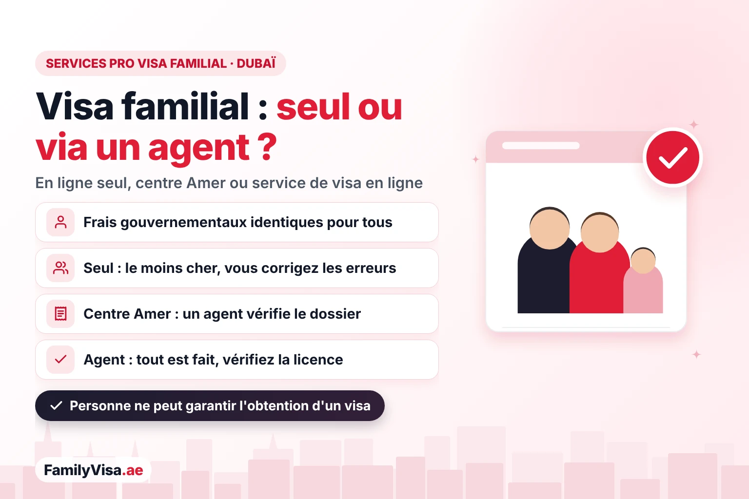 Services PRO visa familial à Dubaï : seul ou avec un agent Services PRO pour le visa familial à Dubaï comparés : faire la demande seul en ligne, via un centre Amer ou avec un service de visa en ligne — les frais gouvernementaux restent identiques et personne ne peut garantir l'approbation
