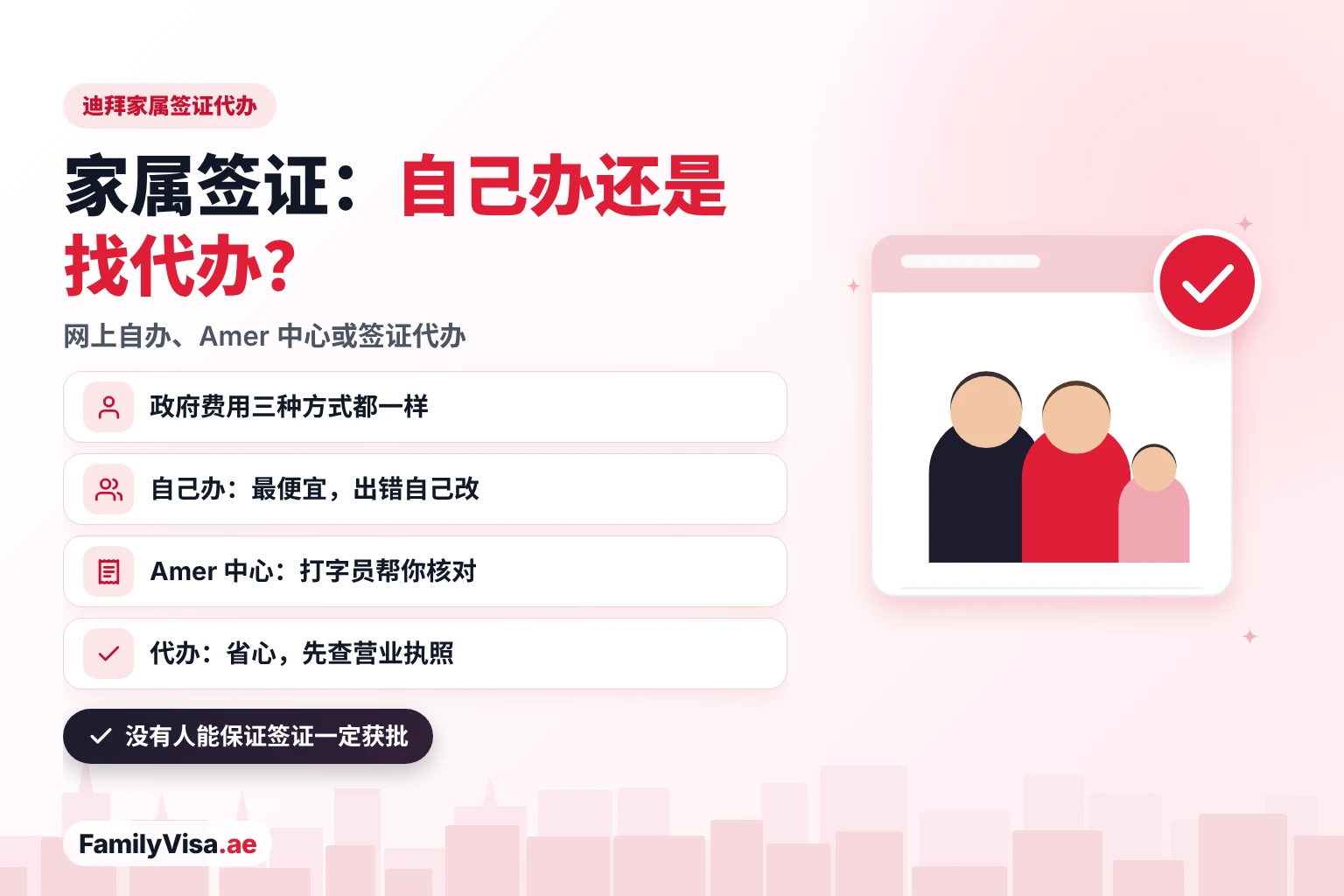 迪拜家属签证代办:自己办还是找中介 迪拜家属签证代办方式对比:网上自己申请、通过 Amer 中心办理或找网上签证代办——政府费用不变,也没有人能保证获批
