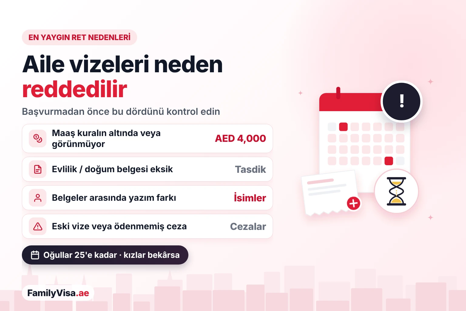 BAE'de en yaygın aile vizesi ret nedenleri: AED&nbsp;4,000'in altında veya doğru gösterilmemiş maaş, tasdiksiz evlilik veya doğum belgeleri, belgeler arasında farklı yazılan isimler ve eski vizeler ya da ödenmemiş cezalar