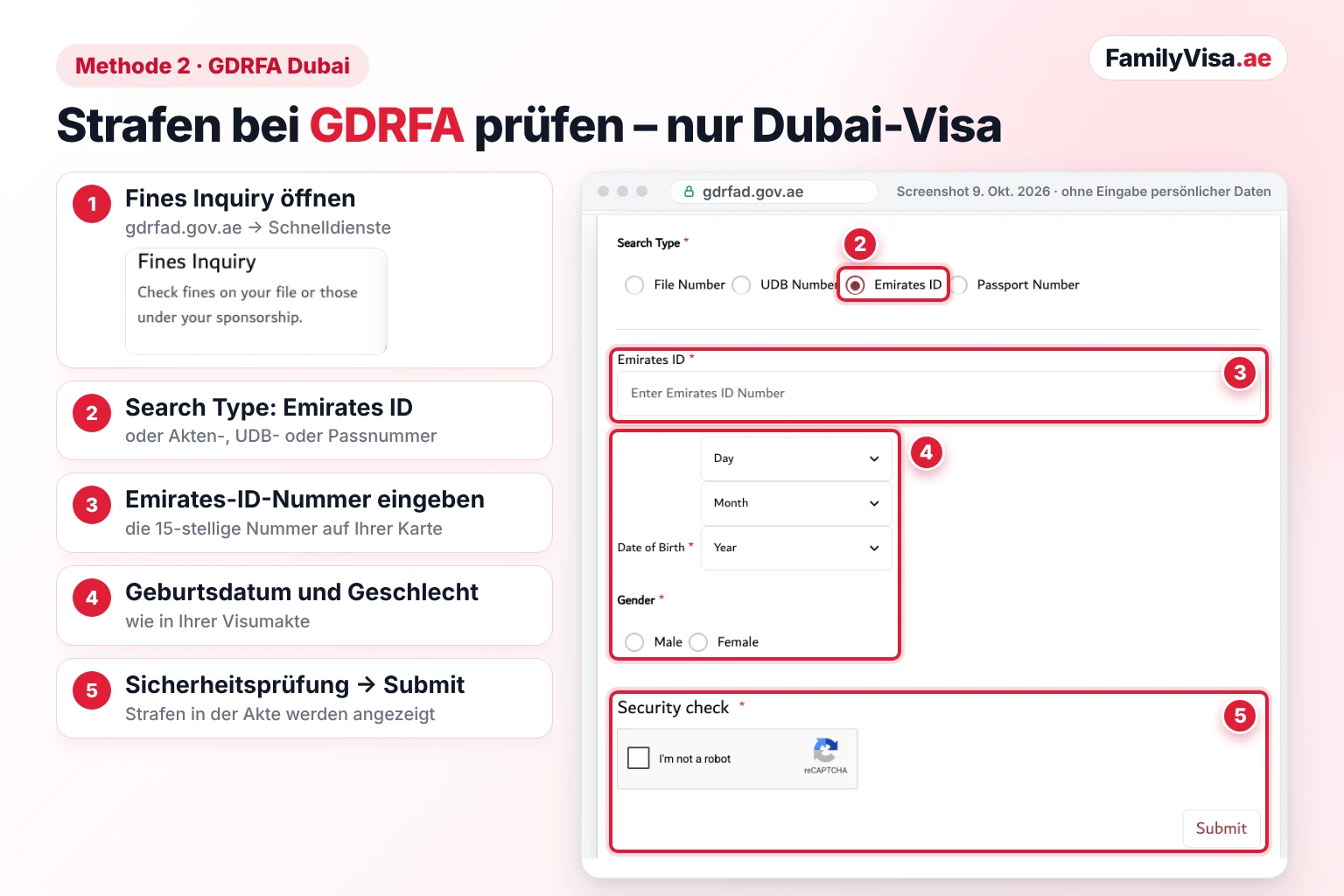 GDRFA Fines Inquiry für Visa aus Dubai Screenshot des Formulars Fines Inquiry Service der GDRFA Dubai zum Prüfen der Emirates-ID-Strafe: Suchtyp Emirates ID, Feld für die Emirates-ID-Nummer, Geburtsdatum, Geschlecht, Sicherheitsprüfung und Schaltfläche Submit, für in Dubai ausgestellte Visa
