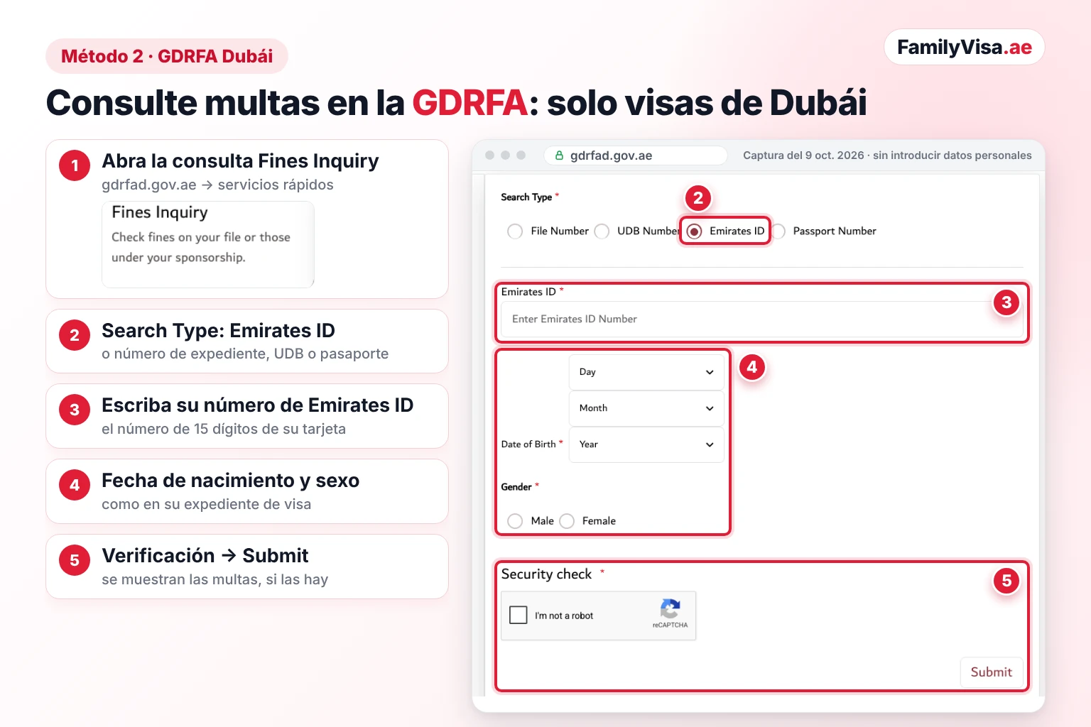 Fines Inquiry de la GDRFA para visas de Dubái Captura de pantalla del formulario del servicio Fines Inquiry de la GDRFA Dubái para consultar multas con el Emirates ID: tipo de búsqueda Emirates ID, campo del número de Emirates ID, fecha de nacimiento, sexo, verificación de seguridad y botón Submit, para visas emitidas en Dubái