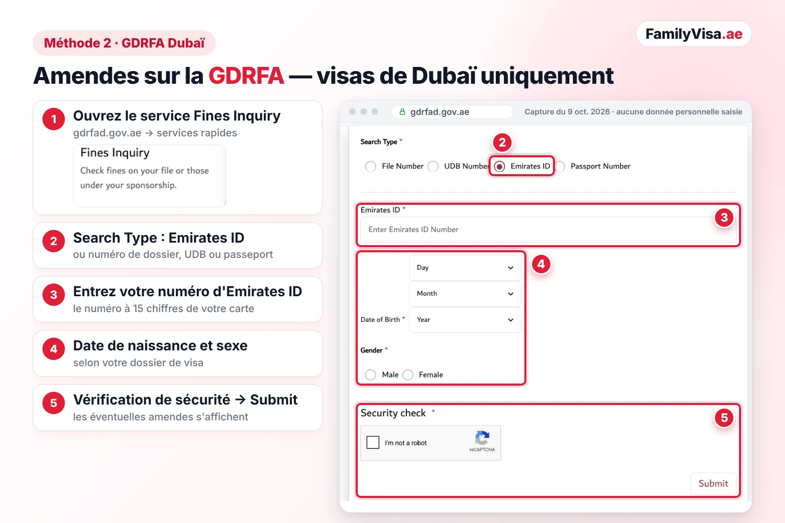 Capture d'écran du formulaire Fines Inquiry Service de la GDRFA de Dubaï pour vérifier les amendes avec l'Emirates ID : type de recherche Emirates ID, champ du numéro d'Emirates ID, date de naissance, sexe, vérification de sécurité et bouton Submit, pour les visas délivrés à Dubaï