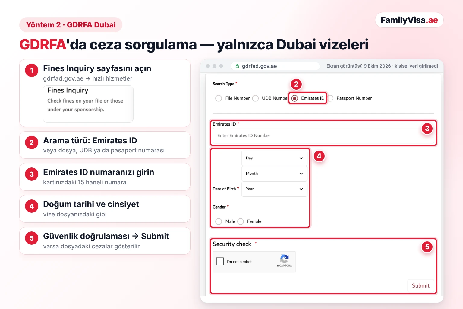 Dubai'de düzenlenen vizeler için Emirates ID ile ceza sorgulamanın yapıldığı GDRFA Dubai Fines Inquiry Service formunun ekran görüntüsü: arama türü Emirates ID, Emirates ID numarası alanı, doğum tarihi, cinsiyet, güvenlik doğrulaması ve Submit düğmesi
