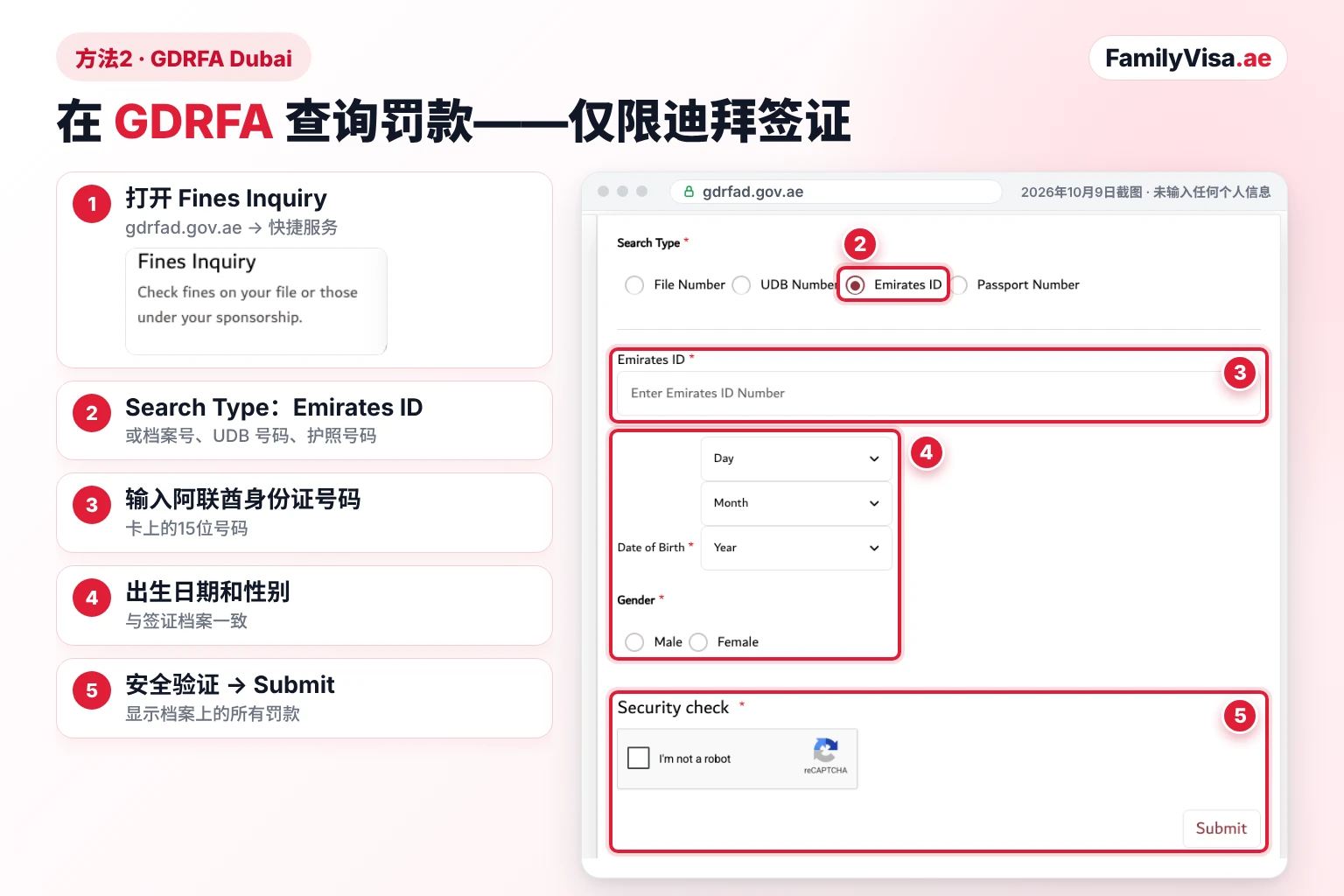 GDRFA Fines Inquiry:迪拜签证罚款查询 GDRFA Dubai 罚款查询服务(Fines Inquiry Service)表单截图,适用于迪拜签发的签证:查询类型为 Emirates ID,包含阿联酋身份证号码、出生日期和性别字段,以及安全验证和 Submit 按钮