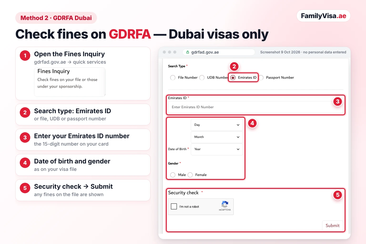 Screenshot of the GDRFA Dubai Fines Inquiry Service form with search type Emirates ID, the Emirates ID number field, date of birth, gender, security check and Submit button, for visas issued in Dubai