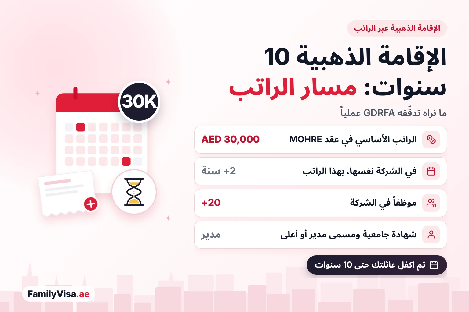 الإقامة الذهبية عبر الراتب: الشروط الإقامة الذهبية عبر الراتب في الإمارات: راتب أساسي AED 30,000 في عقد MOHRE لأكثر من سنتين في الشركة نفسها، وشركة تضم أكثر من 20 موظفاً، وشهادة جامعية، ومسمى مدير أو أعلى