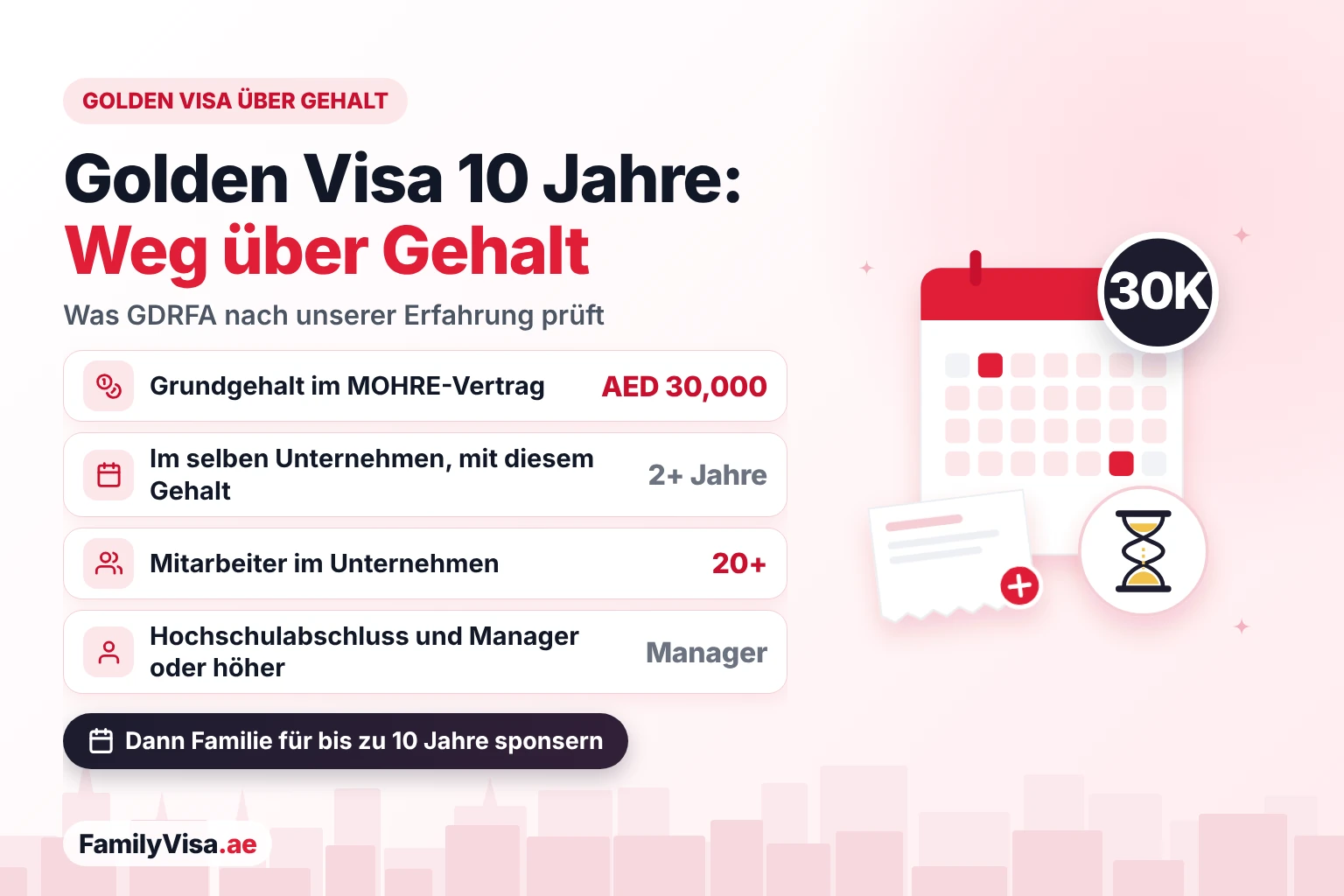 Golden Visa über das Gehalt in den VAE: ein Grundgehalt von AED&nbsp;30,000 im MOHRE-Vertrag seit mehr als zwei Jahren im selben Unternehmen, ein Unternehmen mit mehr als 20 Mitarbeitern, ein Hochschulabschluss und eine Position als Manager oder höher