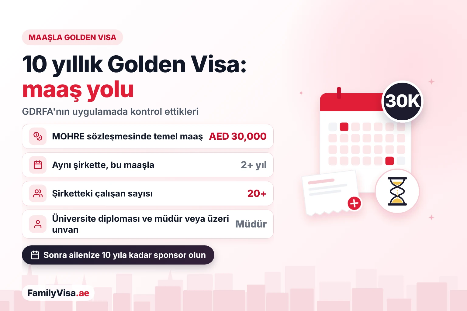 Maaşla Golden Visa: şartlar BAE'de maaşla Golden Visa: aynı şirkette iki yıldan uzun süre MOHRE sözleşmesinde AED 30,000 temel maaş, 20'den fazla çalışanı olan bir şirket, üniversite diploması ve müdür veya üzeri unvan