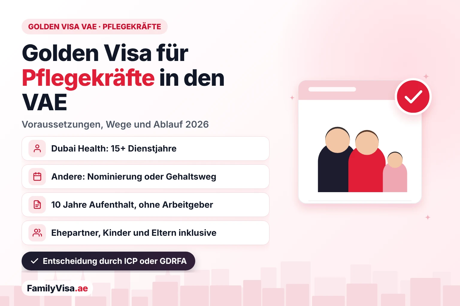 Golden Visa VAE für Pflegekräfte Golden Visa VAE für Pflegekräfte: Pflegekräfte von Dubai Health mit mehr als 15 Dienstjahren, andere Pflegekräfte über eine Nominierung durch eine Gesundheitsbehörde oder den Gehaltsweg, 10-jähriger Aufenthalt für Pflegekraft und Familie