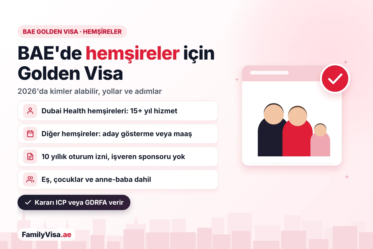 BAE'de hemşireler için Golden Visa BAE'de hemşireler için Golden Visa: 15 yıldan fazla hizmeti olan Dubai Health hemşireleri, diğer hemşireler sağlık otoritesi adaylığı veya maaş yoluyla, hemşire ve ailesi için 10 yıllık oturum izni