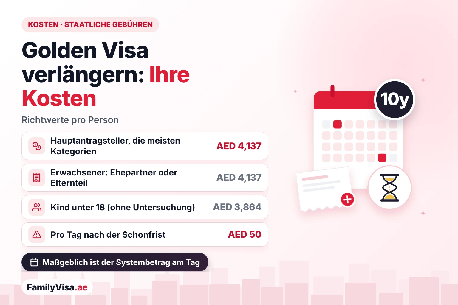 Kosten der Golden-Visa-Verlängerung in den VAE Kosten der Golden-Visa-Verlängerung pro Person: etwa AED 4,137 für den Hauptantragsteller und jeden erwachsenen Angehörigen, AED 3,864 für ein Kind unter 18 und eine tägliche Strafe von AED 50 nach der Schonfrist