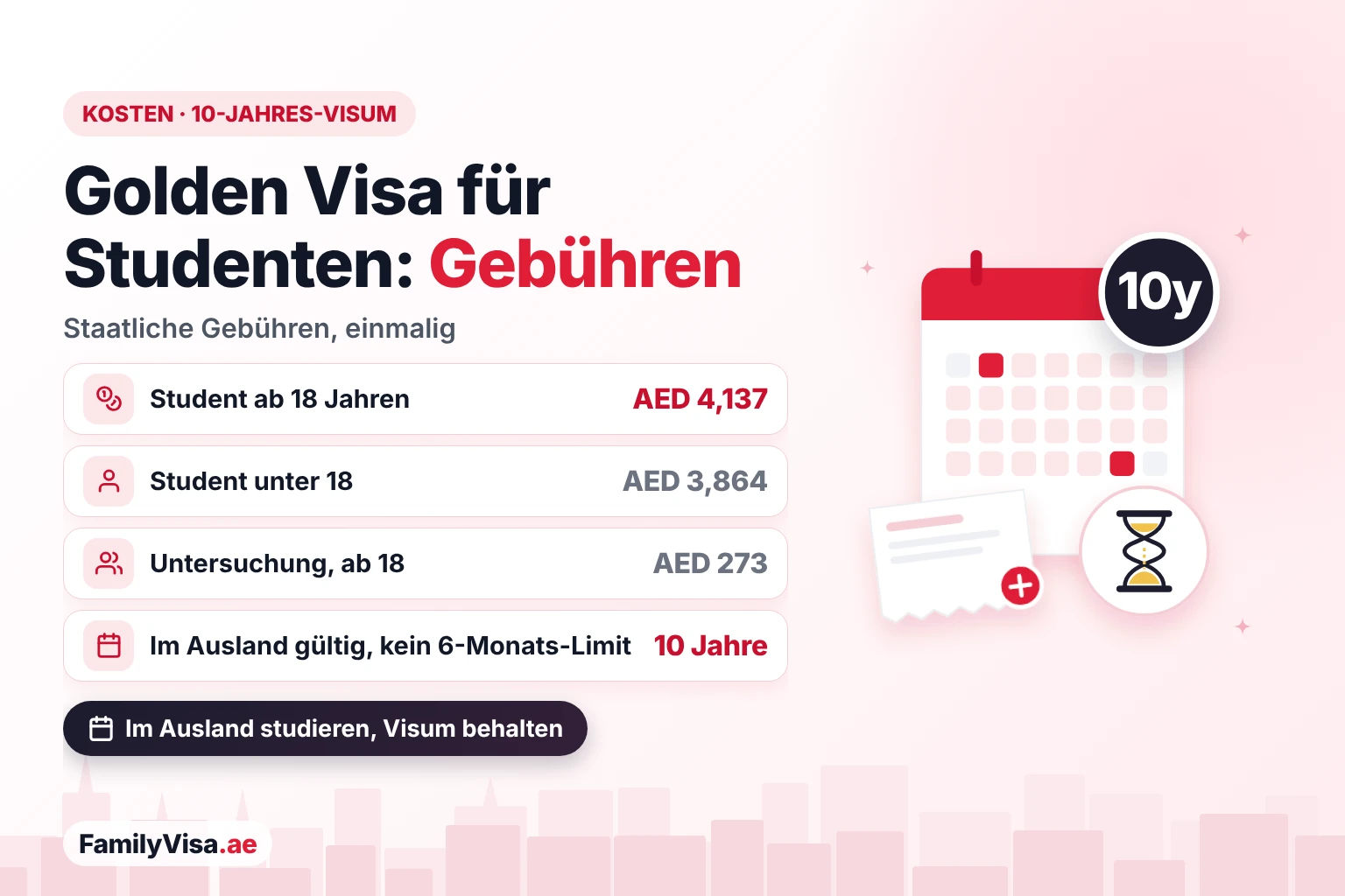 Kosten Golden Visa für Studenten Kosten des Golden Visa VAE für Studenten: etwa AED 4,137 an staatlichen Gebühren für Studenten ab 18 Jahren und etwa AED 3,864 für Studenten unter 18, eine einmalige Zahlung für eine 10-jährige Aufenthaltsgenehmigung