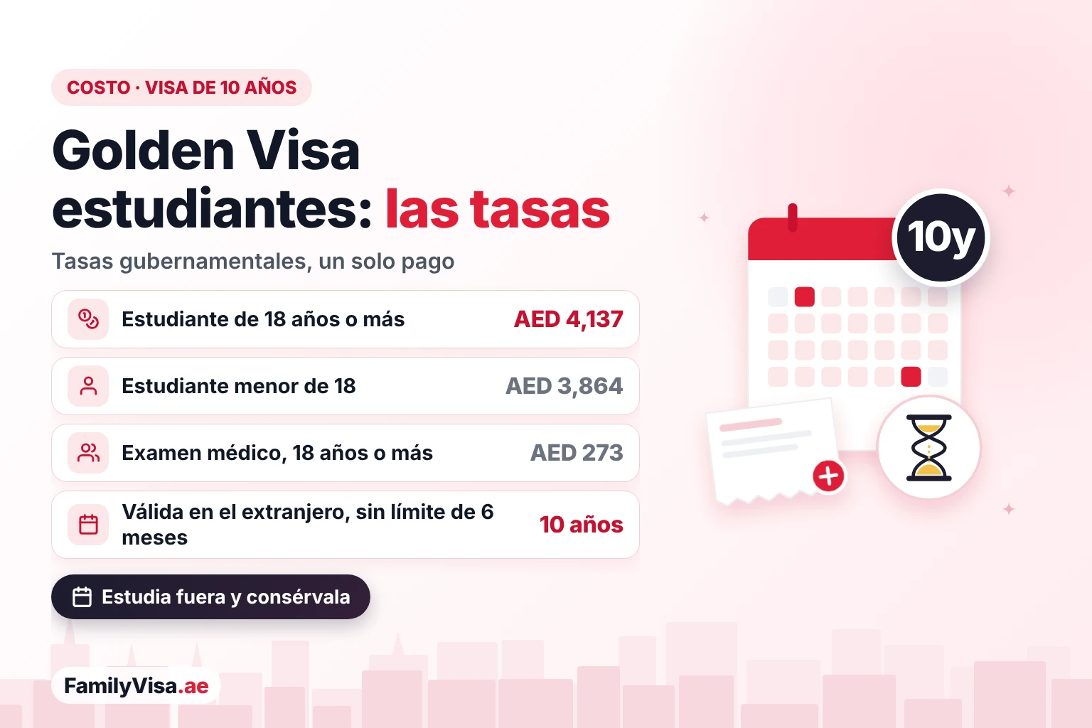 Costo de la Golden Visa de los EAU para estudiantes: unos AED&nbsp;4,137 en tasas gubernamentales para un estudiante de 18 años o más y unos AED&nbsp;3,864 para un estudiante menor de 18, un pago único por una residencia de 10 años