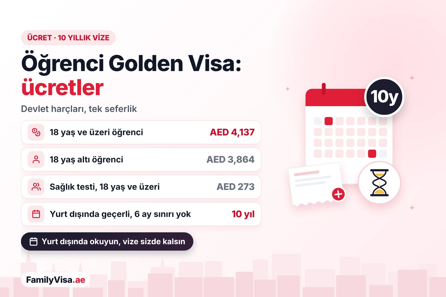 Öğrenci Golden Visa ücreti Öğrenciler için BAE Golden Visa ücreti: 18 yaş ve üzeri öğrenci için yaklaşık AED 4,137, 18 yaş altı öğrenci için yaklaşık AED 3,864 devlet harcı, 10 yıllık oturma izni için tek seferlik ödeme