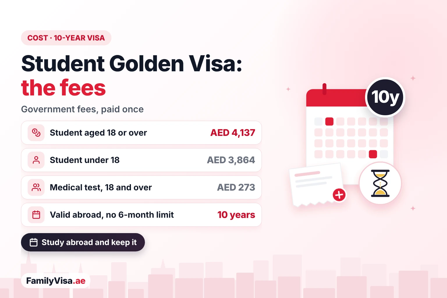 Student Golden Visa cost UAE Golden Visa cost for students: about AED 4,137 in government fees for a student aged 18 or over and about AED 3,864 for a student under 18, a one-time payment for a 10-year residence