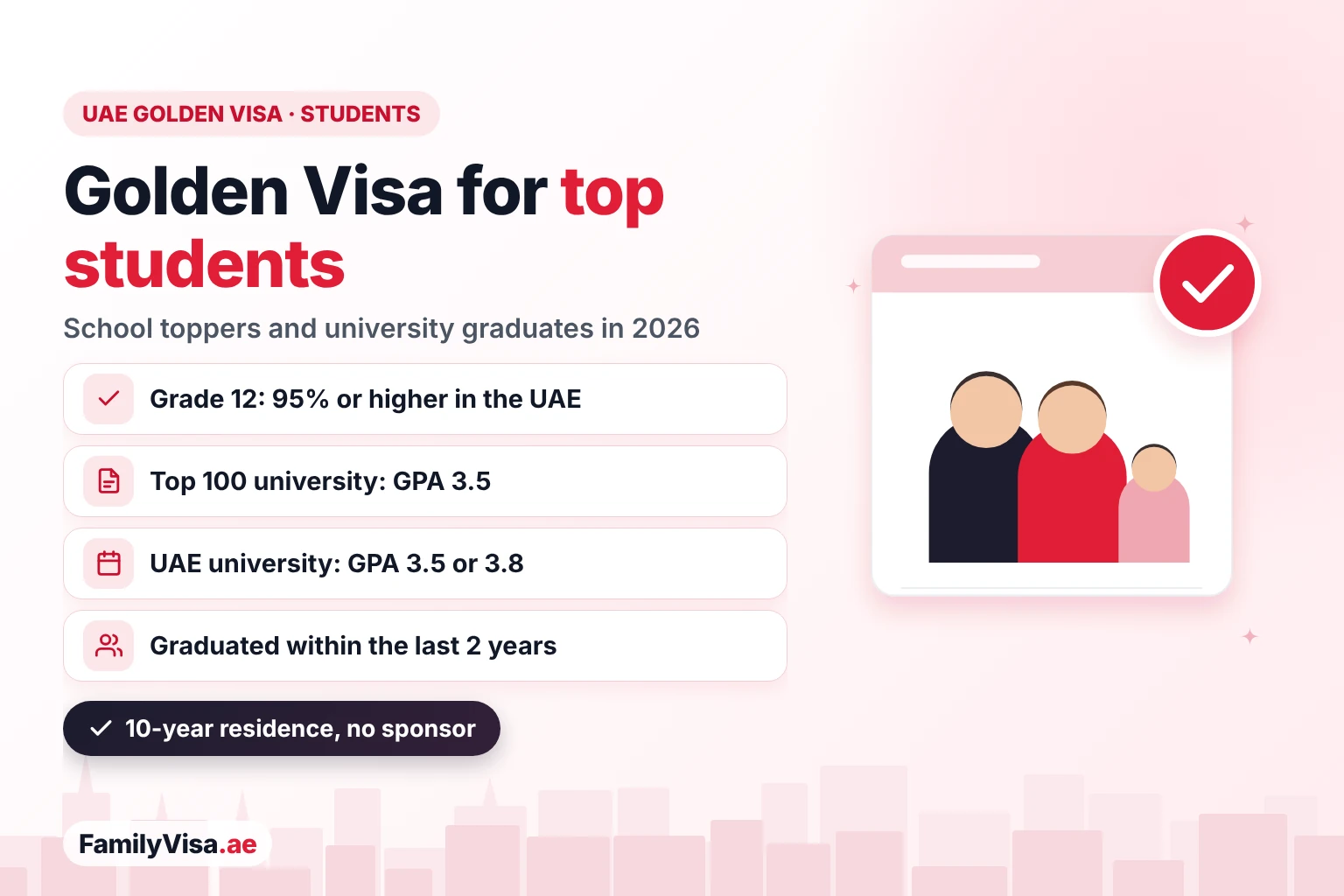 Golden Visa for students in the UAE: Grade 12 graduates with 95% or higher, graduates of top 100 universities with a GPA of 3.5, and UAE university graduates with a GPA of 3.5 or 3.8 within two years of graduation