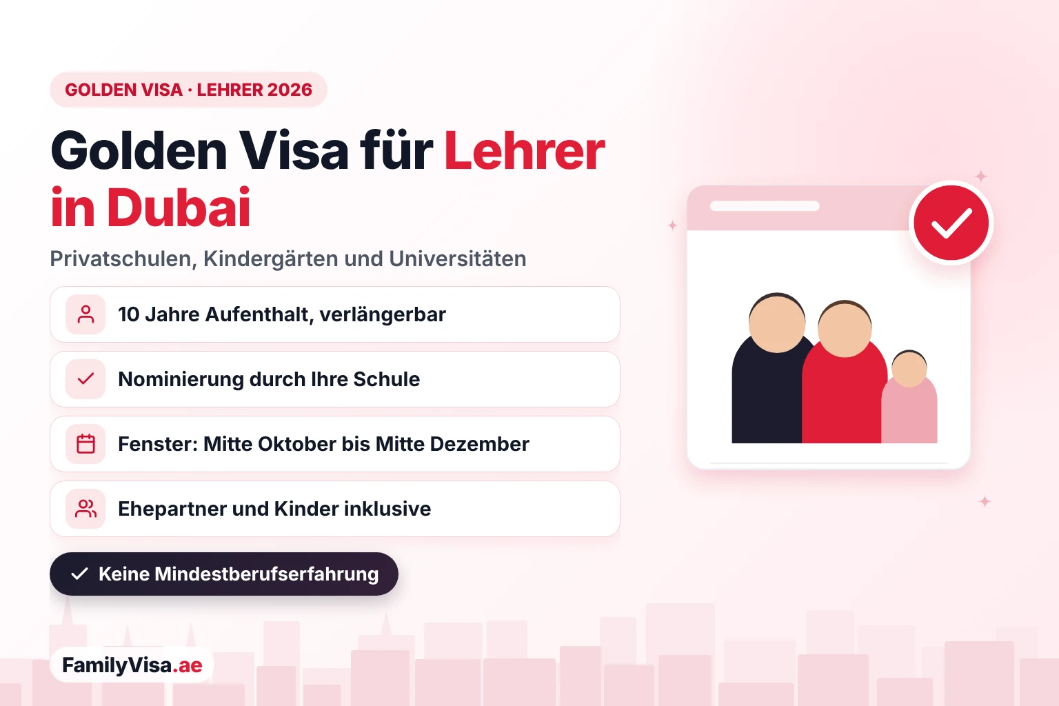 Golden Visa für Lehrer in Dubai Golden Visa für Lehrer in Dubai: eine verlängerbare 10-jährige Aufenthaltsgenehmigung für herausragende Lehrkräfte an Privatschulen, Kindergärten und Universitäten, nominiert von ihrer Schule zwischen Mitte Oktober und Mitte Dezember, mit Ehepartner und Kindern